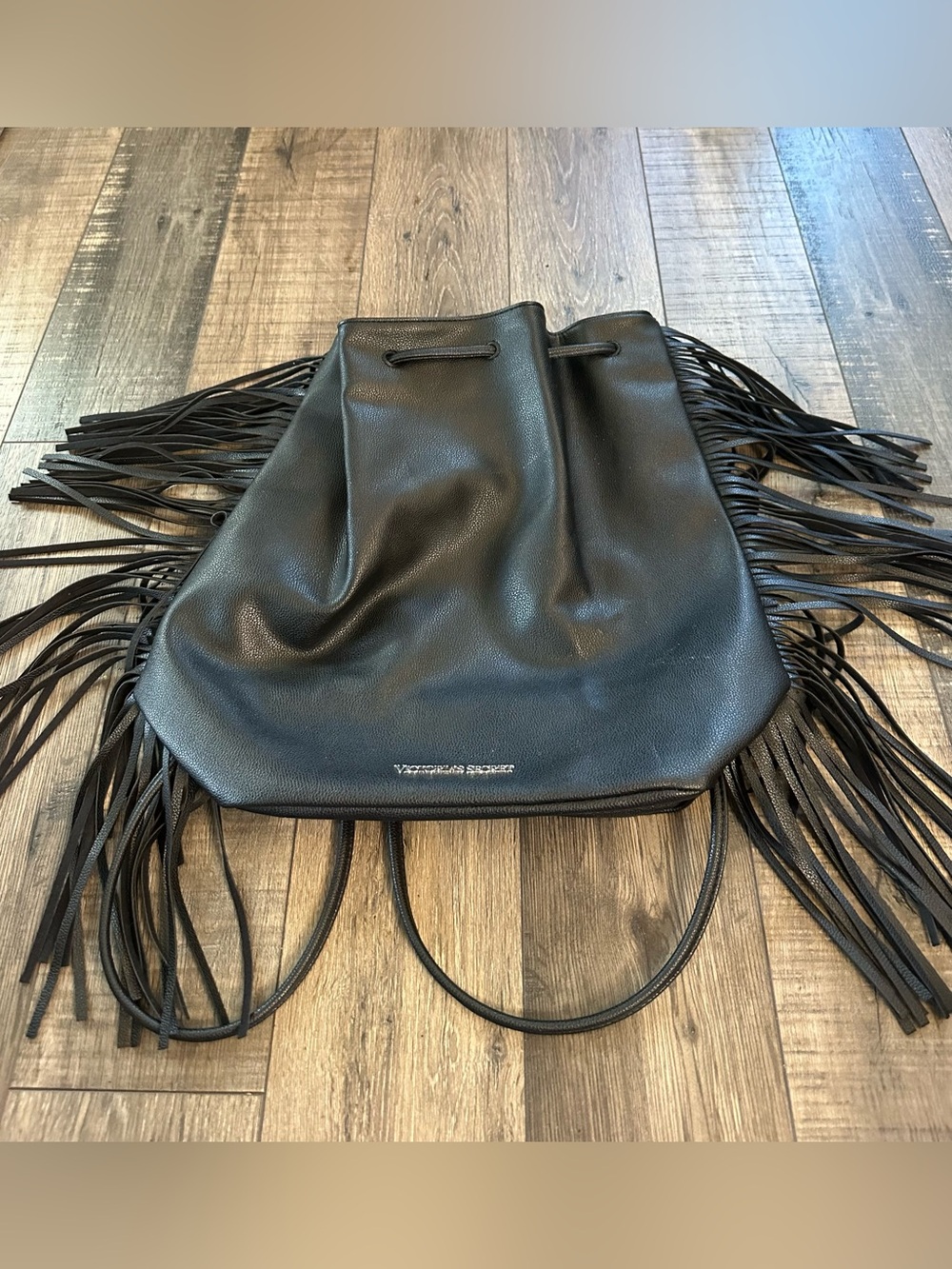 Victoria's Secret Faux Leather Fringe Tassel Fringe Bag Large Black Backpack